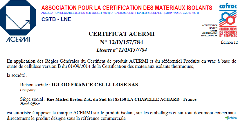Certificat-ACERMI-12-D-157-784-ouate-de-cellulose-IGLOO